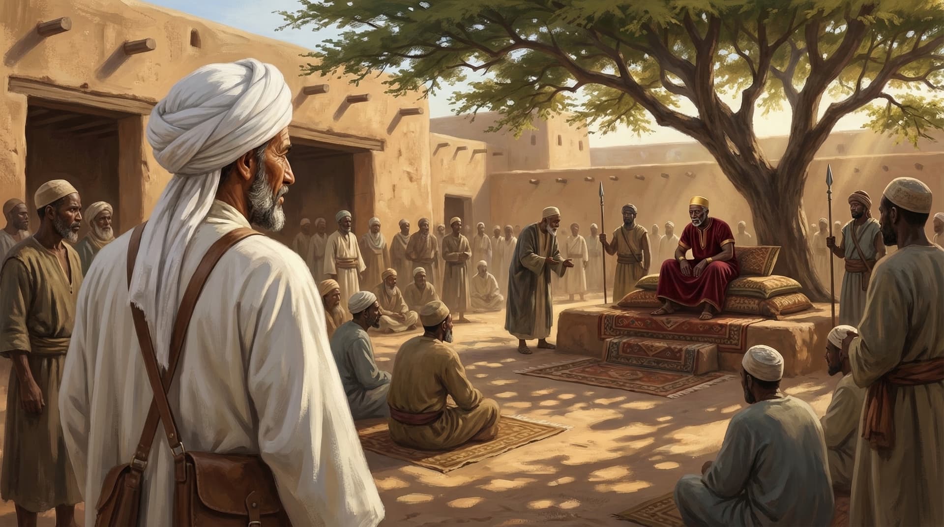Ibn Battuta standing among a crowd observing a Mali court ceremony with the ruler seated on a raised platform under a tree