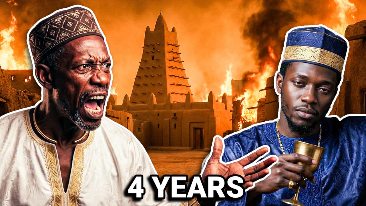 Mansa Musa and his son Maghan I contrasted against the burning city of Timbuktu