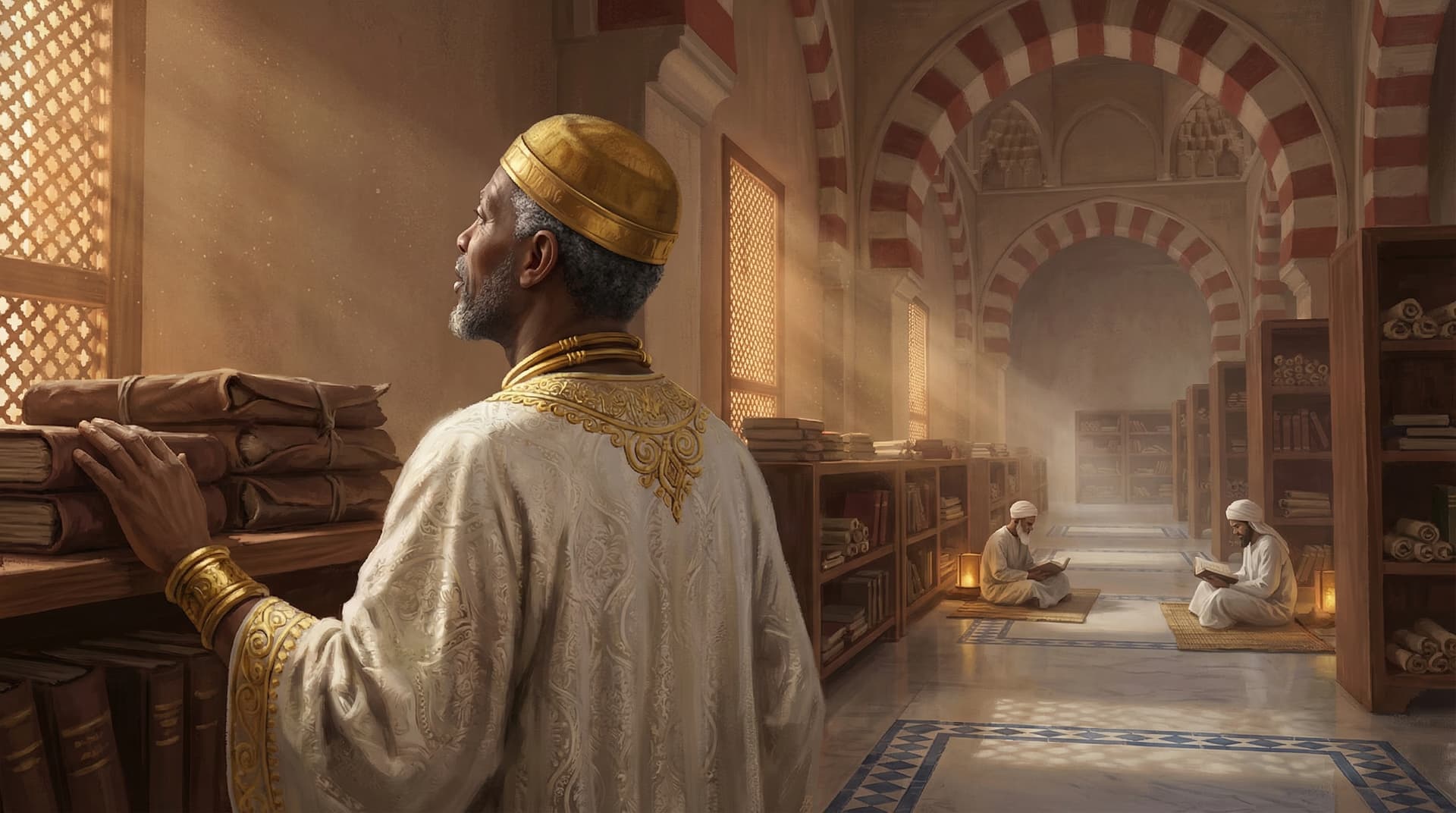 Mansa Musa standing in the Sankore library surrounded by shelves of manuscripts and scholars studying by lamplight