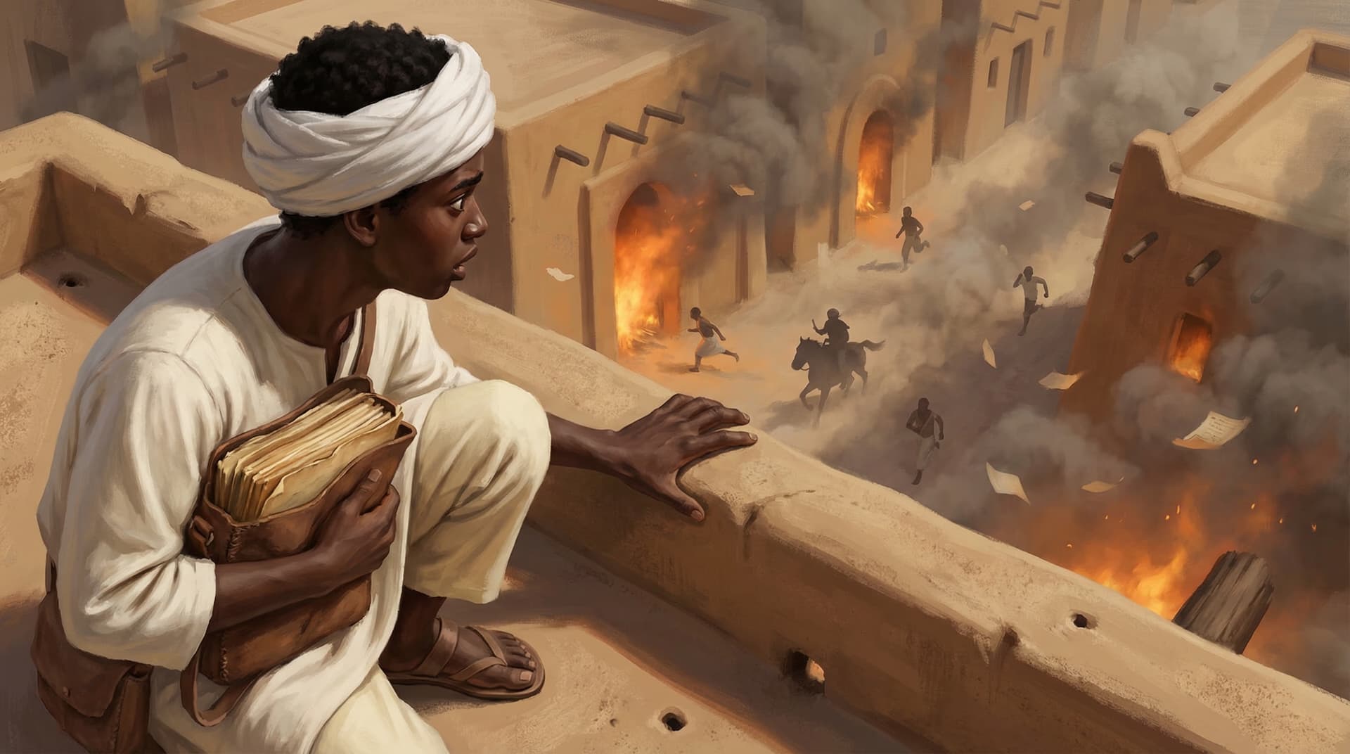 A young scholar clutching manuscripts to his chest while looking down at Timbuktu burning below with raiders on horseback in the streets