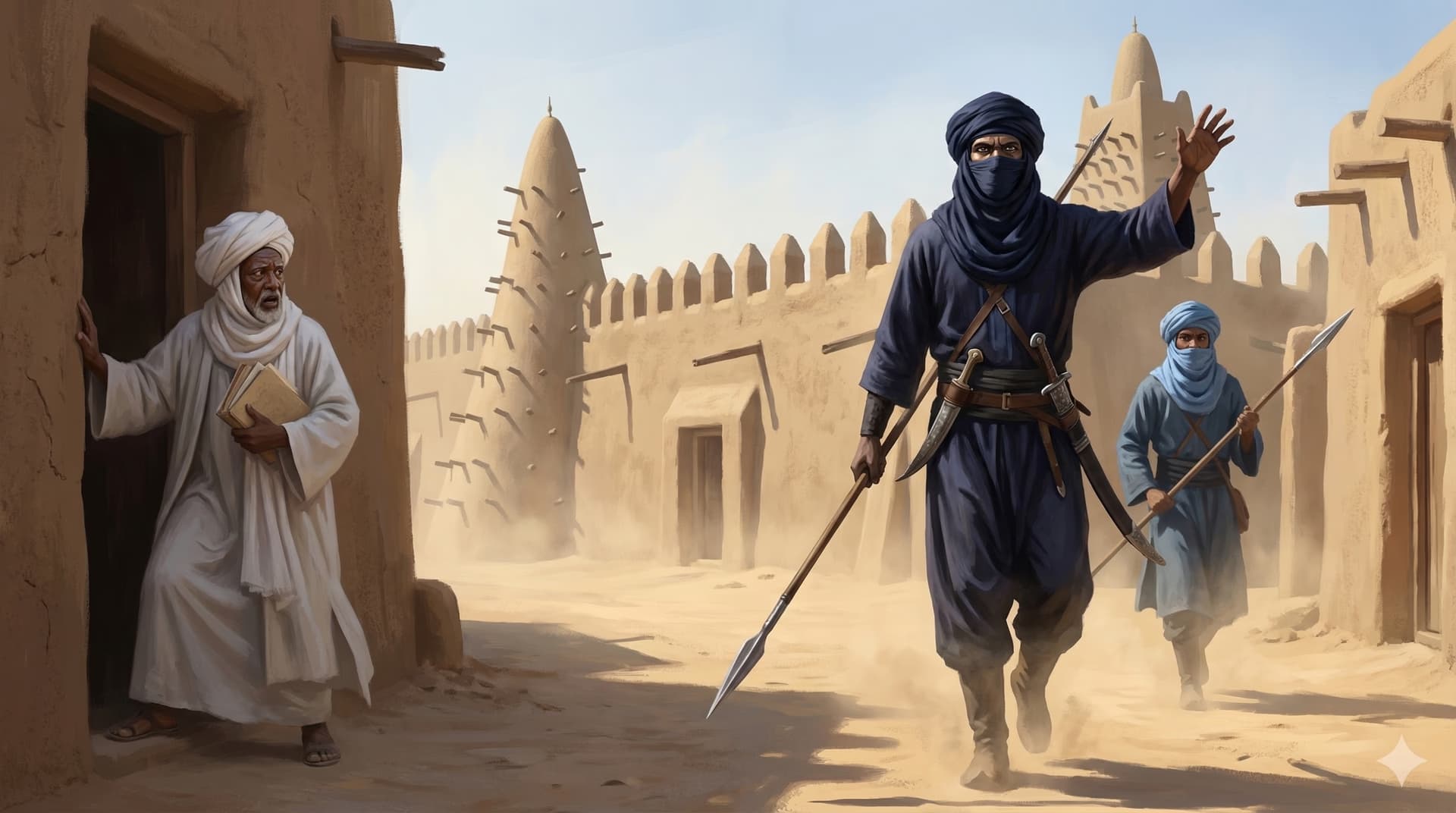 Tuareg warriors in dark blue robes and face coverings striding through the streets of Timbuktu with spears as a scholar retreats into a doorway