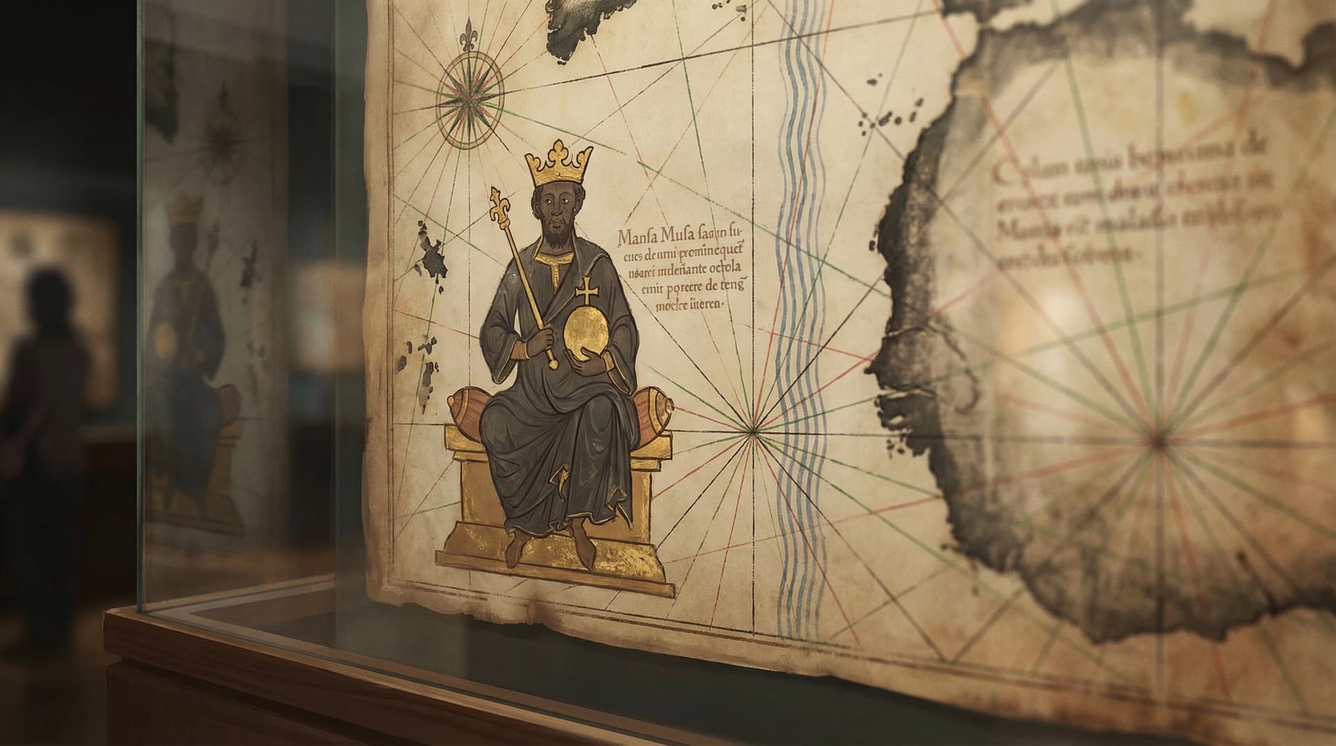 The Catalan Atlas panel showing Mansa Musa seated on a throne holding a gold orb and scepter, displayed behind glass in a museum