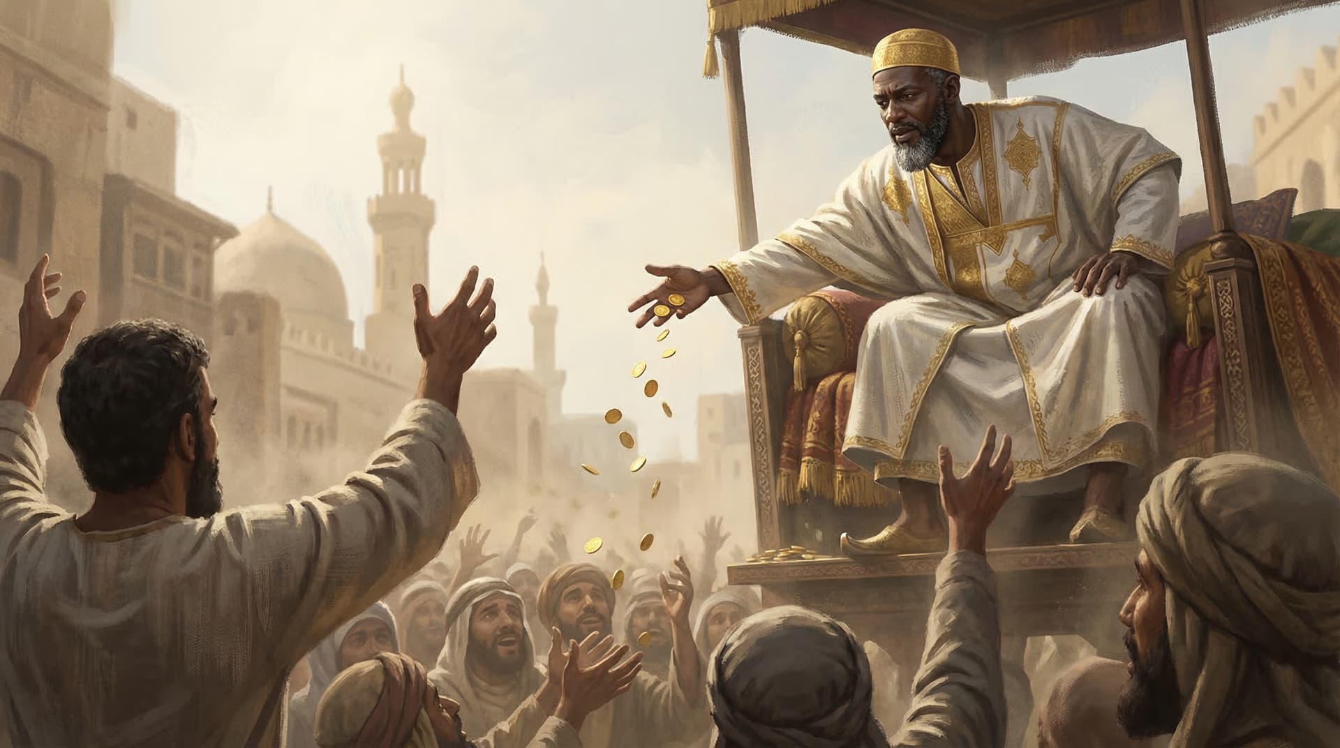 Mansa Musa seated on a golden throne distributing gold coins to a crowd in Cairo, with minarets and domed buildings in the background