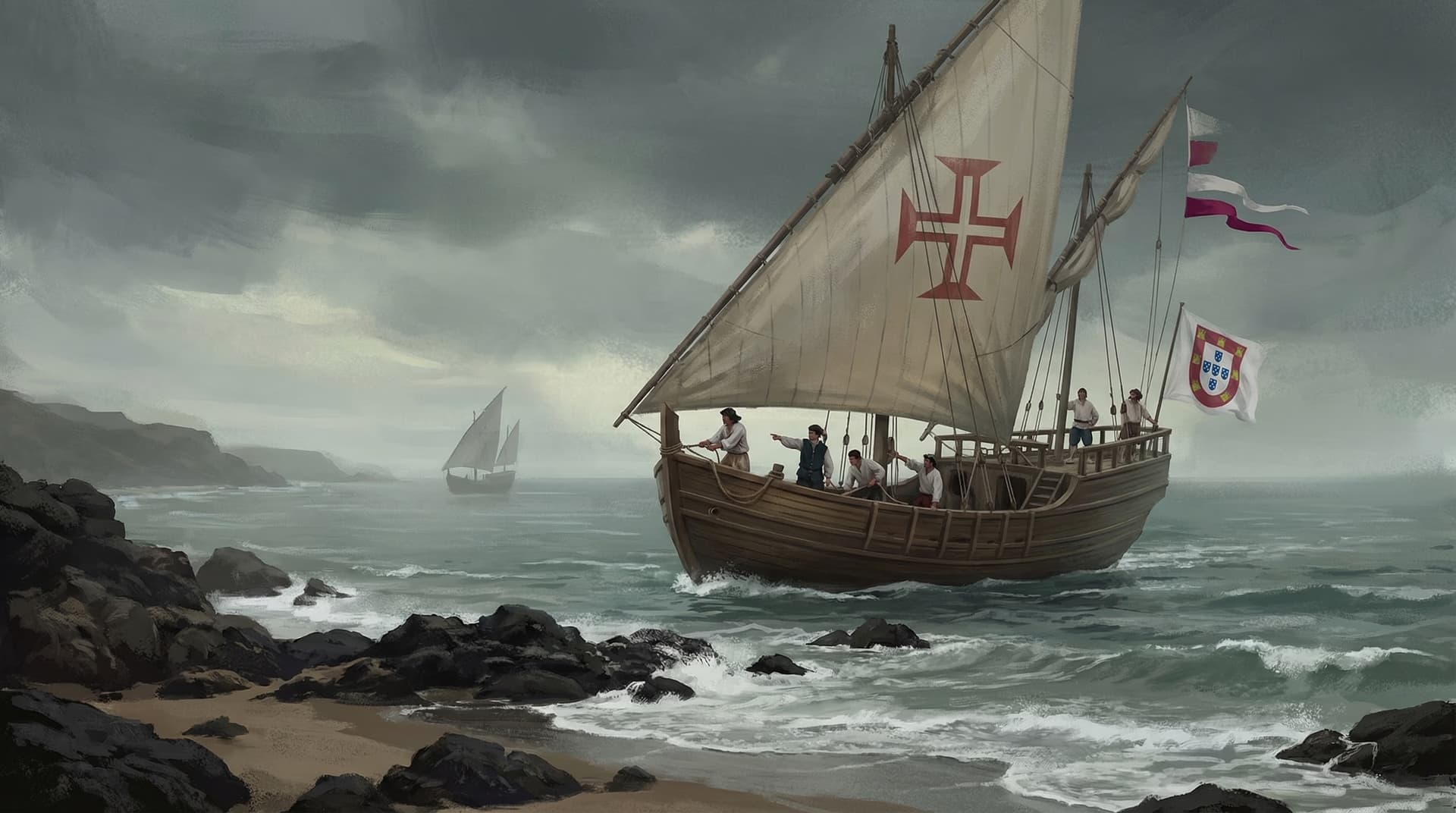Portuguese caravel with the Order of Christ cross on its sail navigating along a rocky coastline under stormy skies