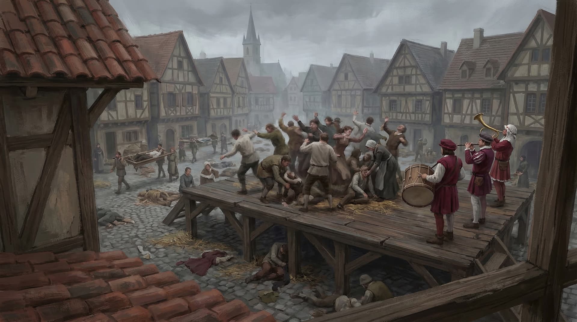 Dozens of afflicted dancers convulsing on a wooden stage in Strasbourg's horse market while musicians play and horrified citizens watch from the streets below