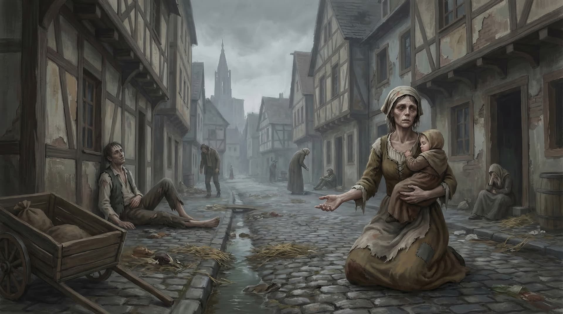 Starving citizens of Strasbourg during the famine of 1518, a gaunt mother clutching her child in the foreground while the sick and destitute line the filthy cobblestone streets