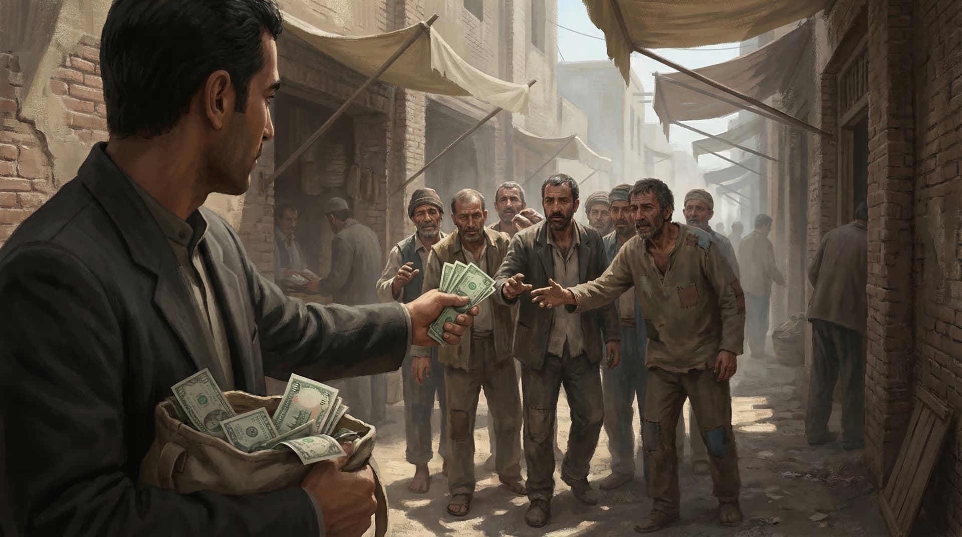 A CIA agent distributing American cash to a group of desperate men in a narrow Tehran alley to recruit them as paid protesters
