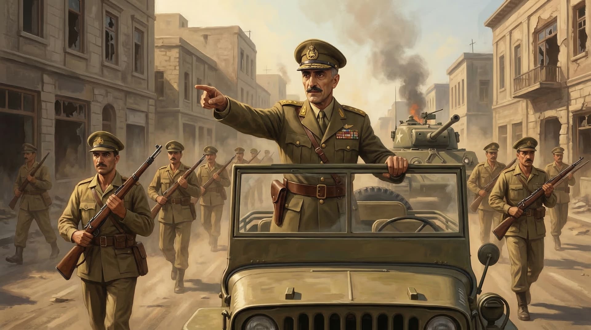 General Zahedi standing in a military jeep pointing forward as armed soldiers march through the streets of Tehran with tanks visible in the background