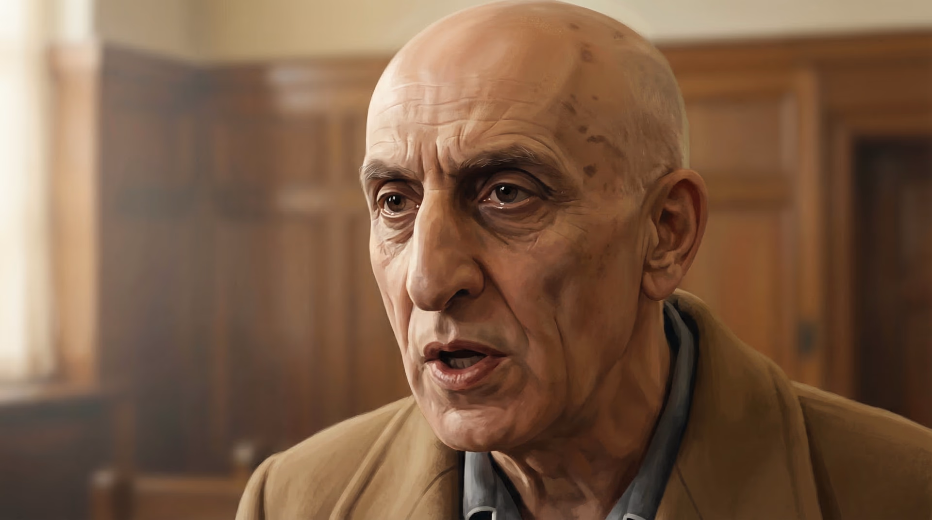 A close-up of Mohammad Mossadegh's weathered face as he speaks during his trial, his expression defiant