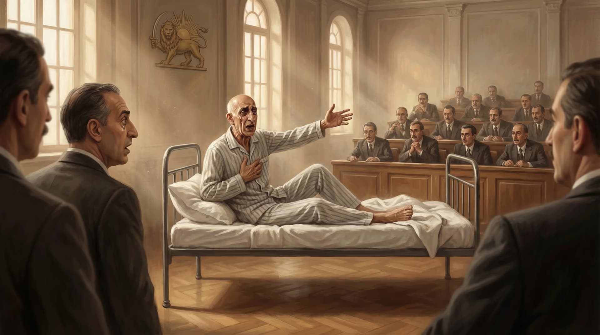 Mohammad Mossadegh gesturing passionately while sitting on a hospital bed inside the Iranian parliament chamber