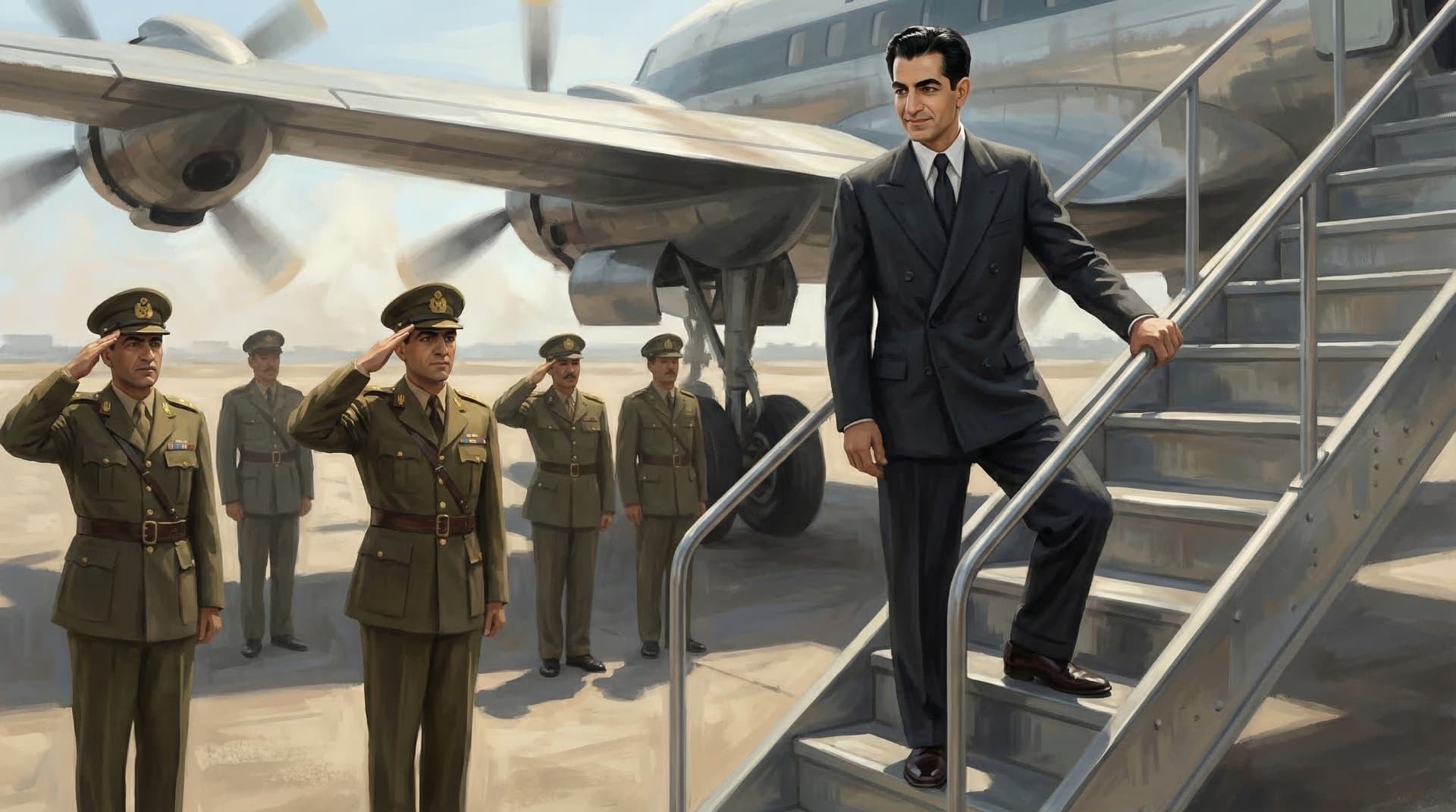 The Shah of Iran descending the stairs of an aircraft as military officers salute his return from exile in Rome