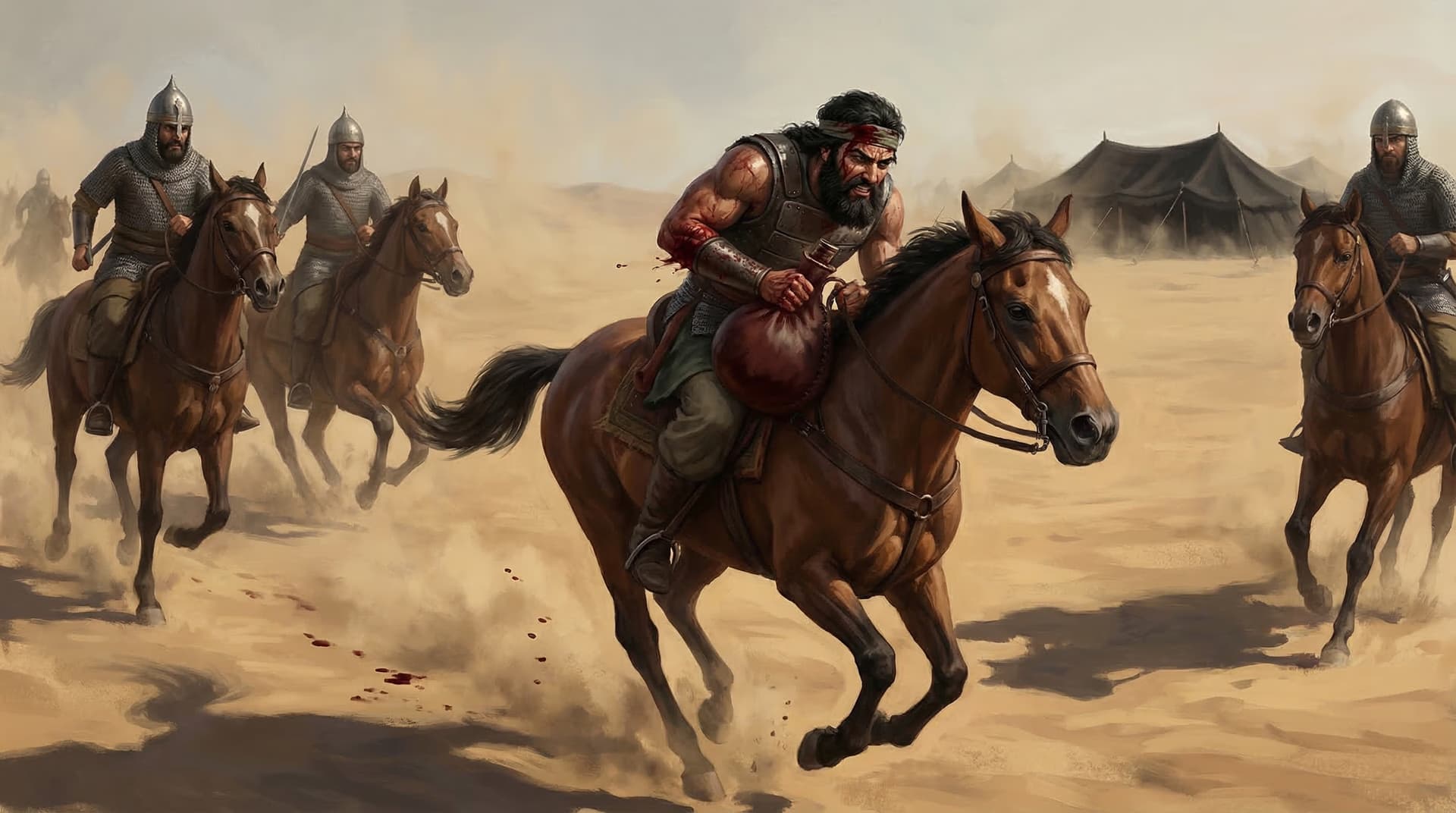 Abbas ibn Ali on horseback charging through Umayyad lines to reach the Euphrates River and bring water back to camp