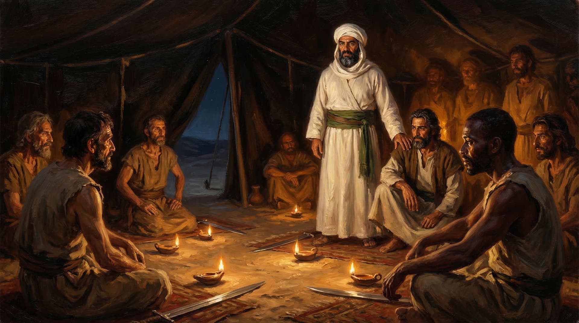 Hussein ibn Ali standing among his companions inside a lamp-lit tent on the night before the Battle of Karbala