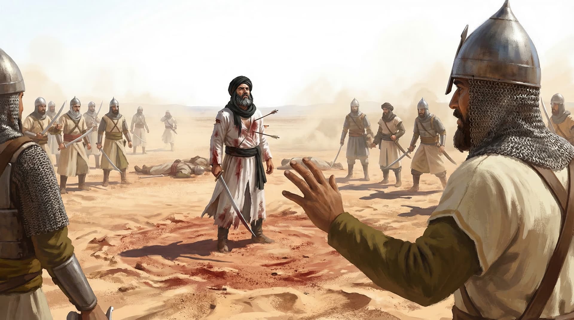 Hussein ibn Ali bloodied and surrounded by Umayyad soldiers during his last stand on the plains of Karbala