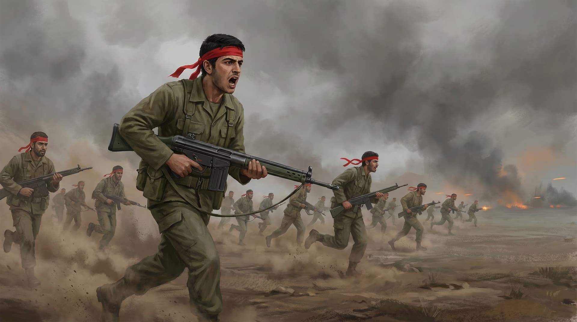 Iranian soldiers charging into battle during the Iran-Iraq War wearing red headbands inspired by the martyrs of Karbala