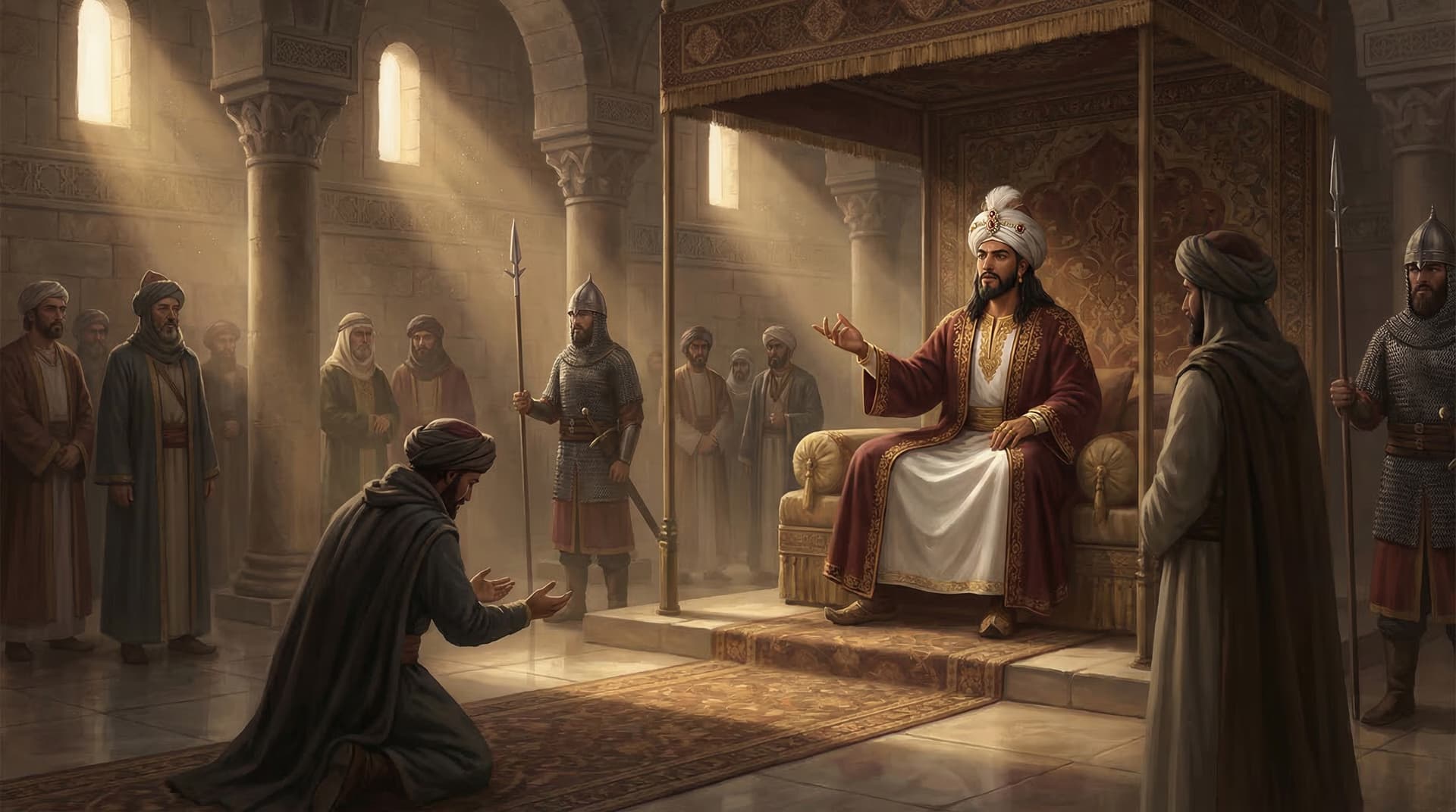 Yazid ibn Muawiyah seated on the Umayyad throne in Damascus demanding allegiance from his subjects