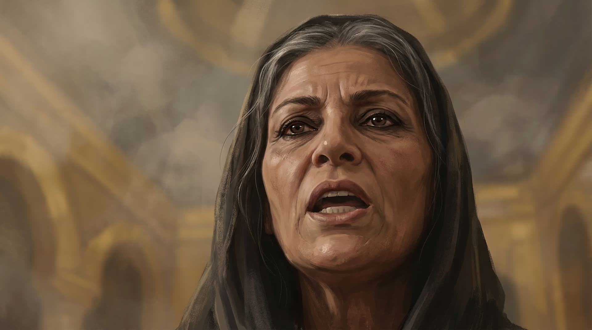 Zainab bint Ali speaking defiantly in the court of Yazid in Damascus after being brought as a captive from Karbala