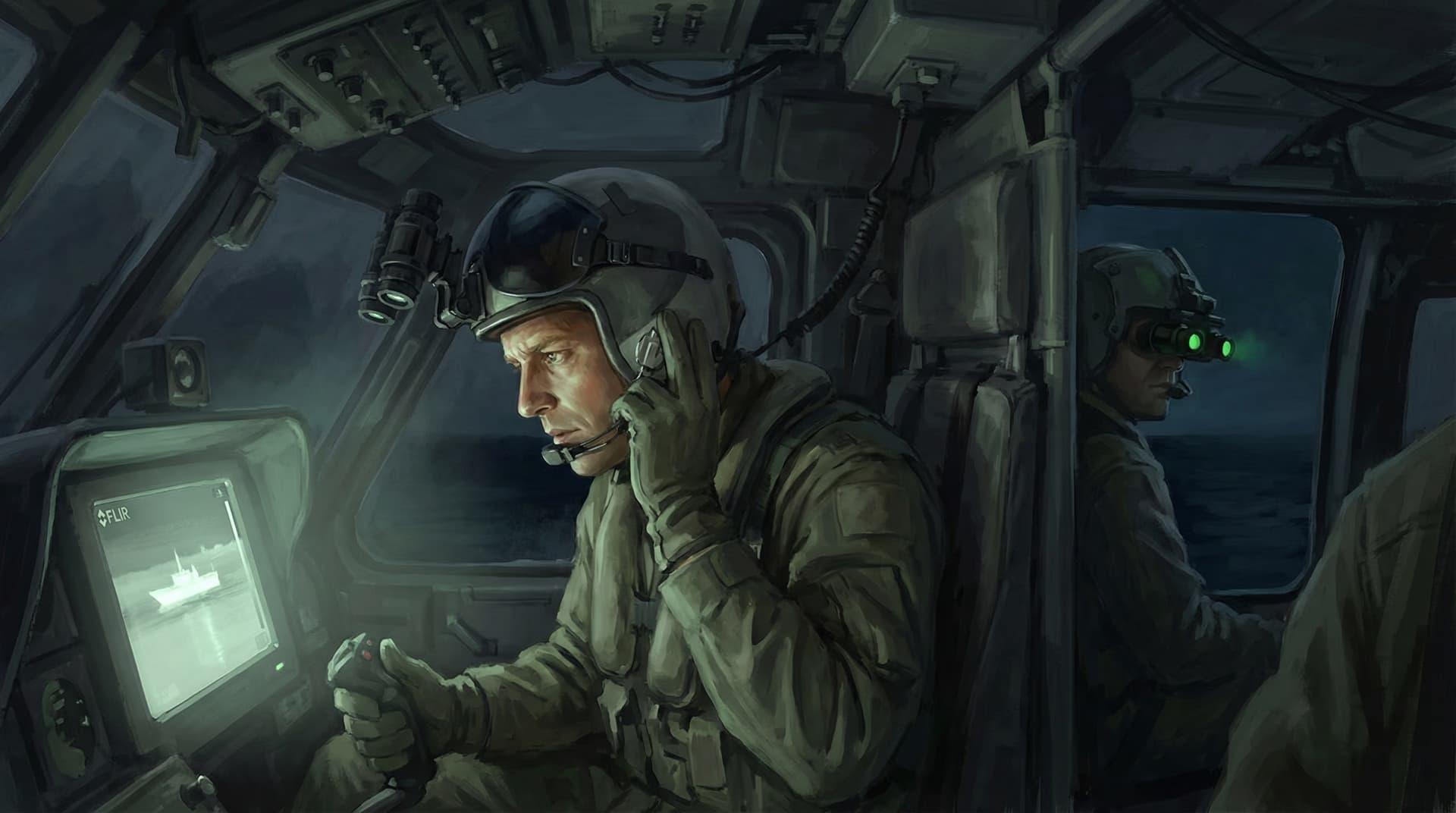 American helicopter crew using night-vision goggles and infrared displays inside a darkened cockpit, tracking a vessel on the Persian Gulf at night