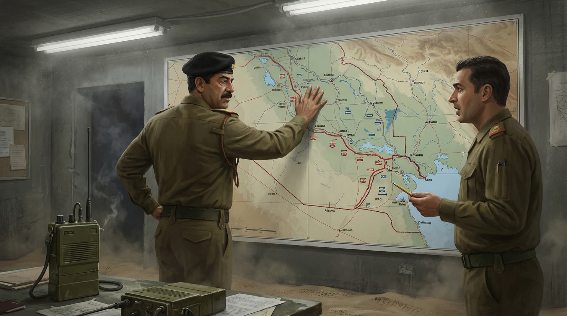 Saddam Hussein standing at a military map of the Persian Gulf region, gesturing to an officer as he plans the tanker war strategy