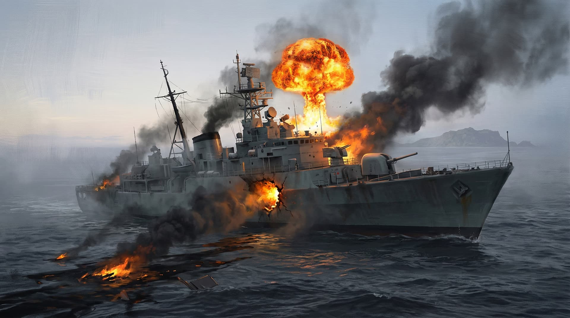 The Iranian frigate Sahand engulfed in flames and explosions after being struck by multiple American missiles