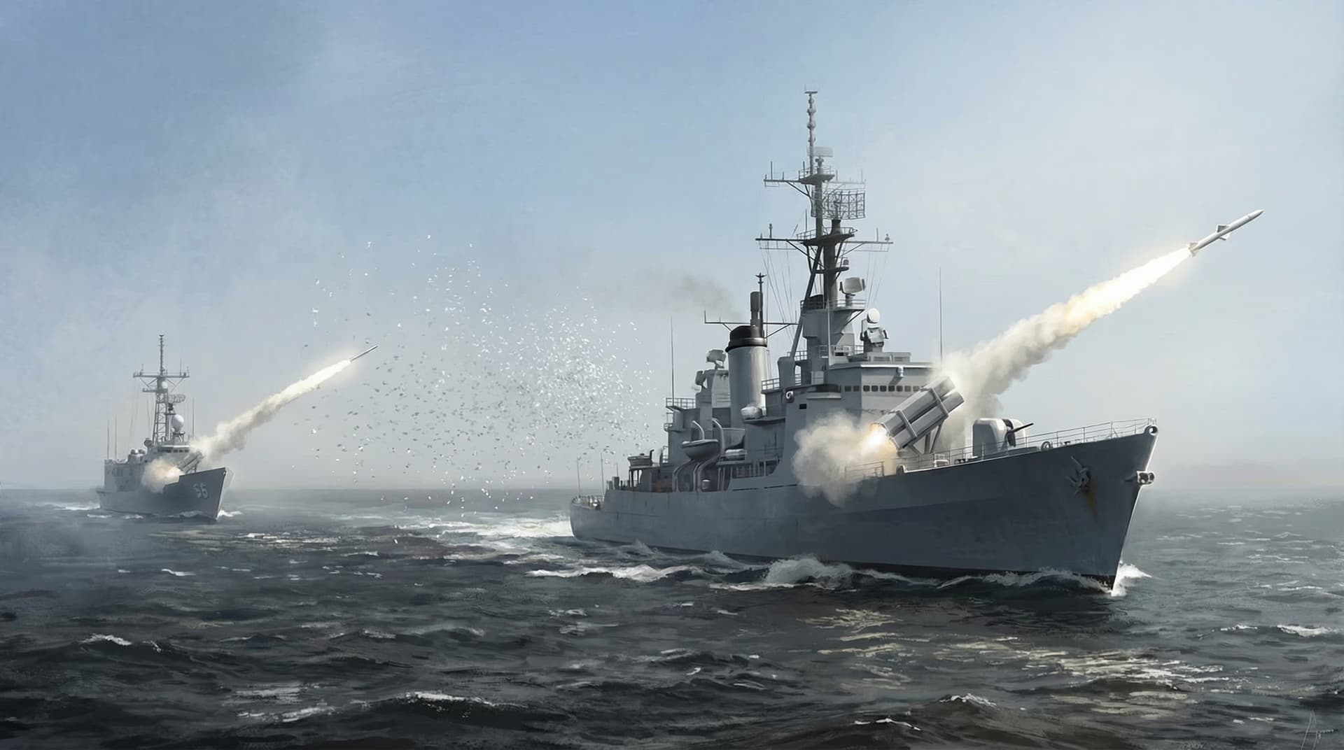 US Navy warships launching missiles during the surface engagement in the Persian Gulf