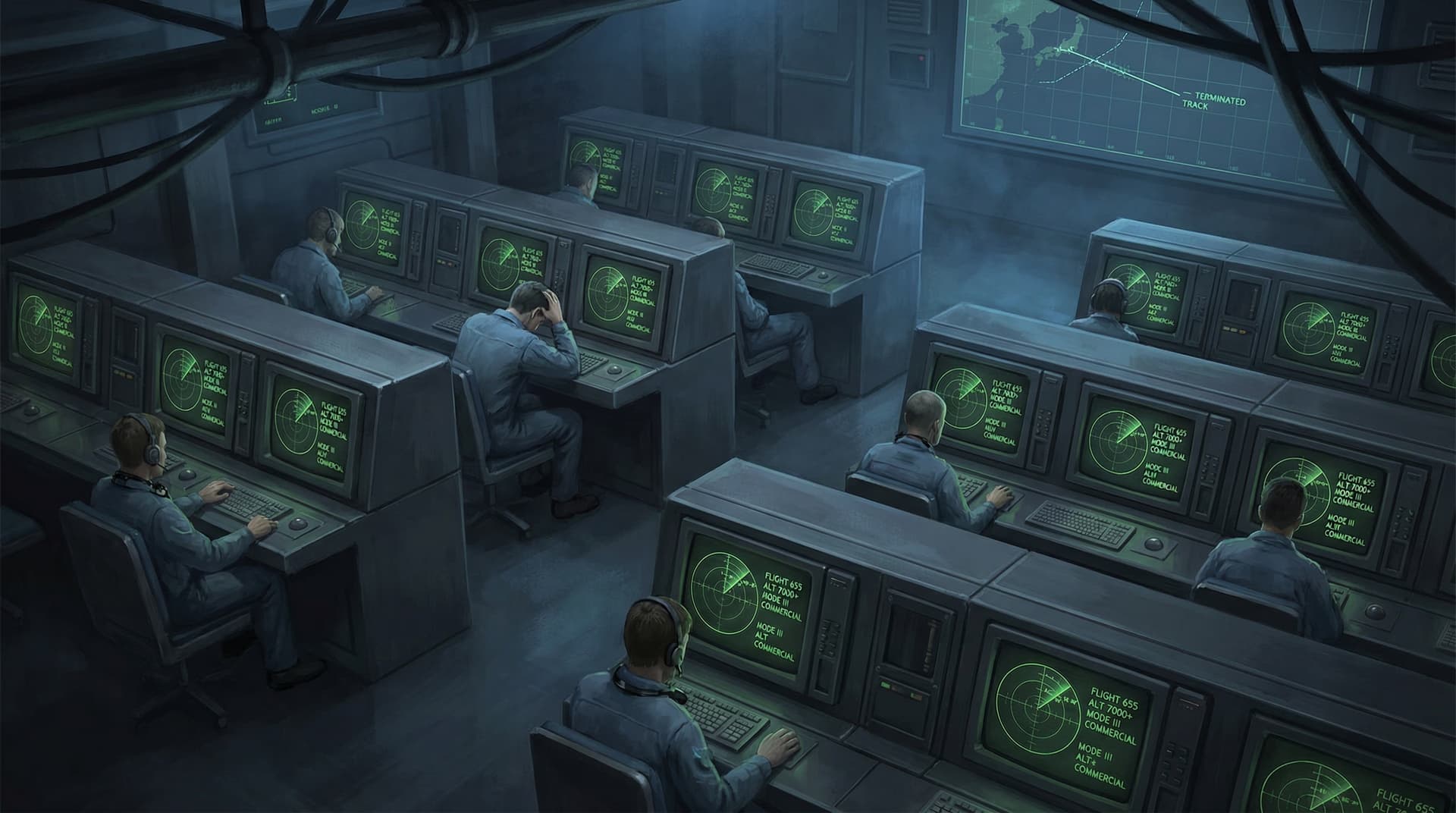 Rows of Aegis radar consoles aboard the USS Vincennes, every screen labeling the contact as Flight 655, altitude 7,000 feet, Mode III commercial