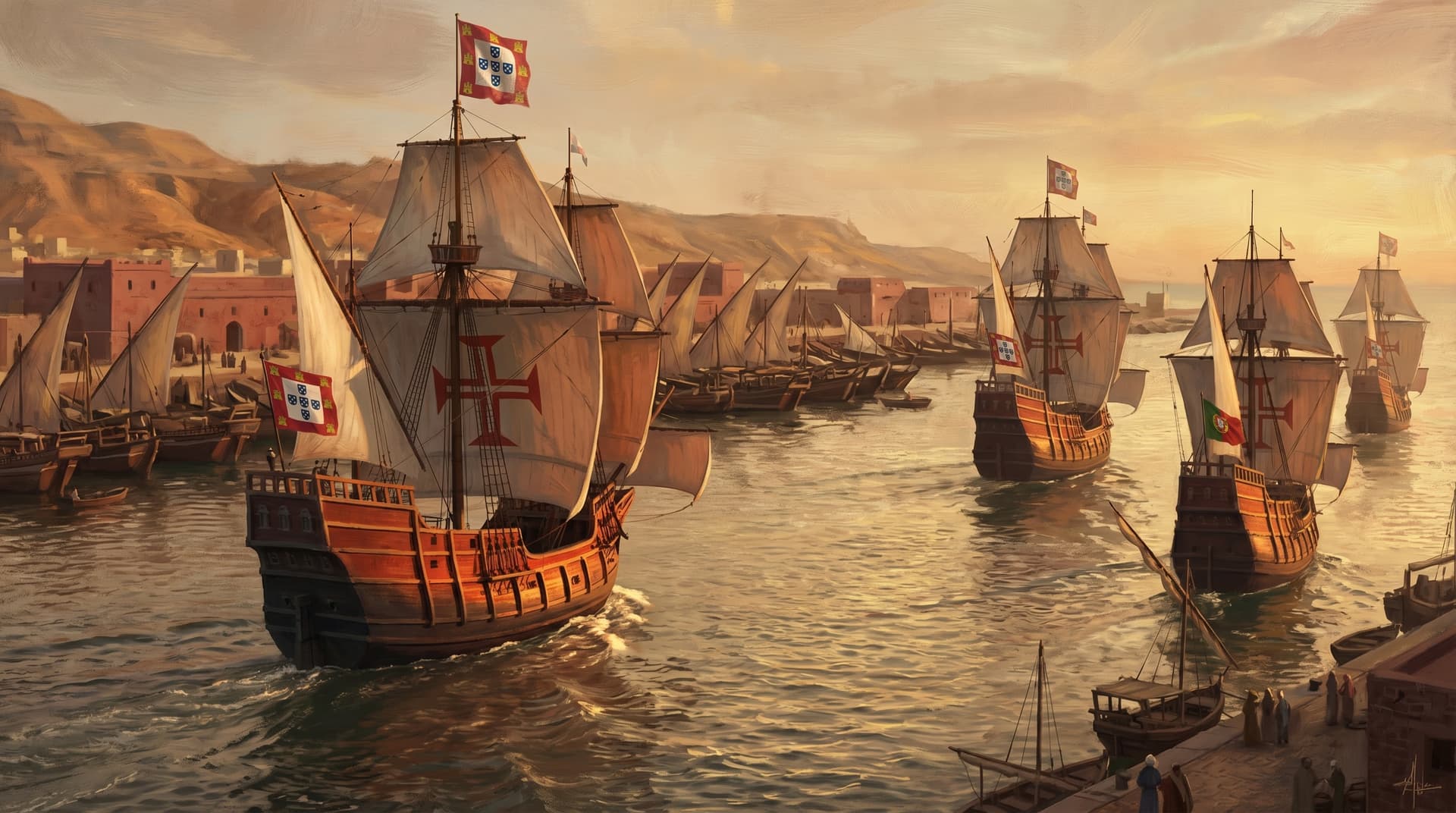 A fleet of Portuguese carracks flying the cross of the Order of Christ sailing into a Persian Gulf harbour beneath desert hills