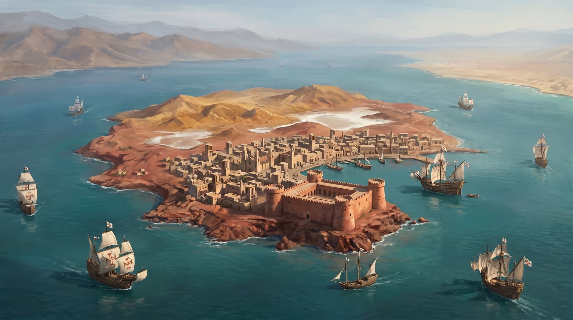 The red stone fortress and city on the island of Hormuz surrounded by Portuguese carracks controlling the Persian Gulf
