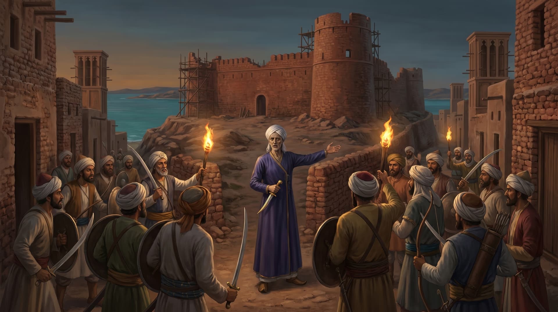 The young King of Hormuz in a jeweled crown and white robes handing a cloth of gold coins to an armored Portuguese soldier as tribute