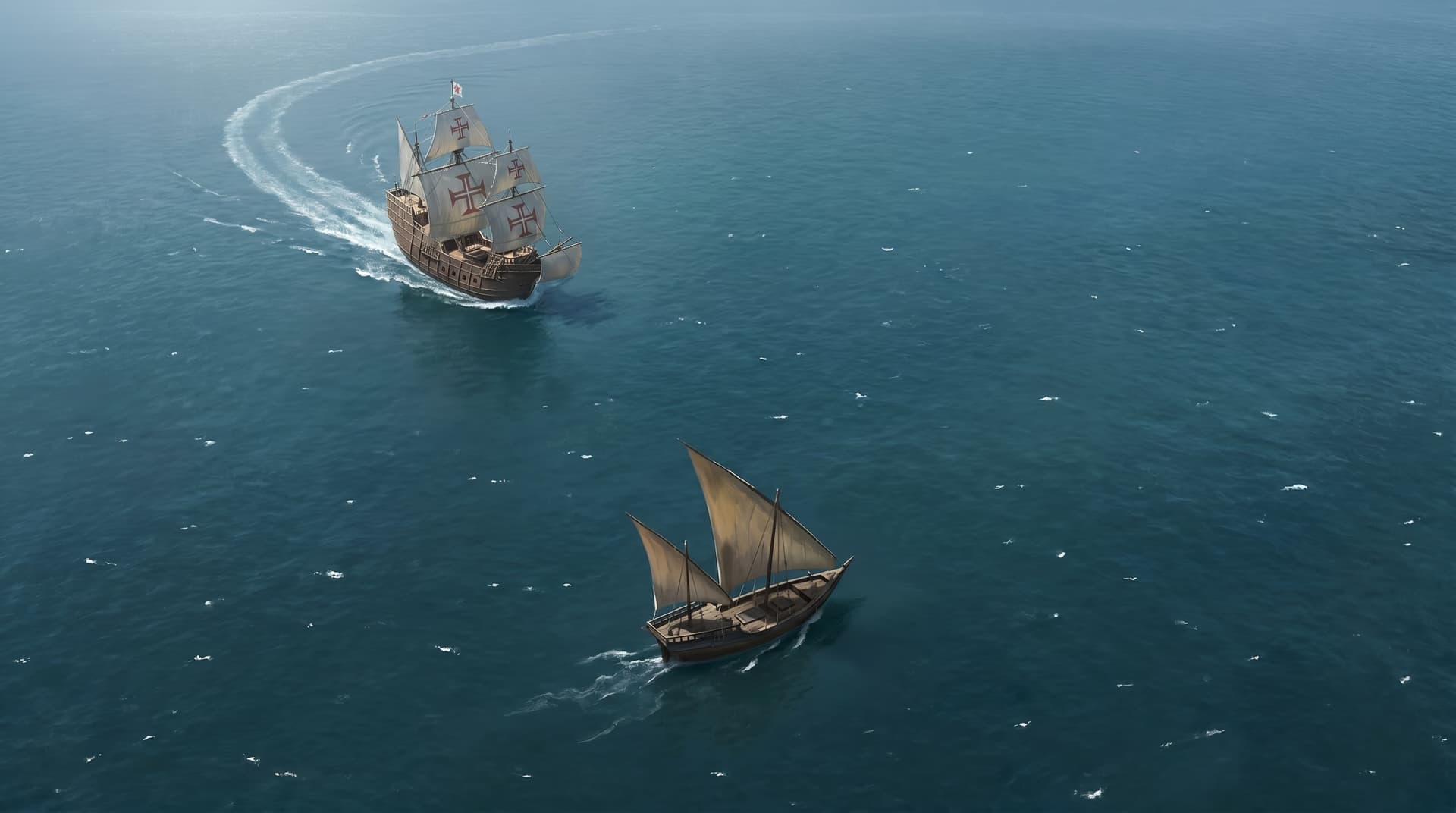Two Portuguese sailing ships crossing open blue water of the Persian Gulf, one turning away in a long wake as captains desert Hormuz