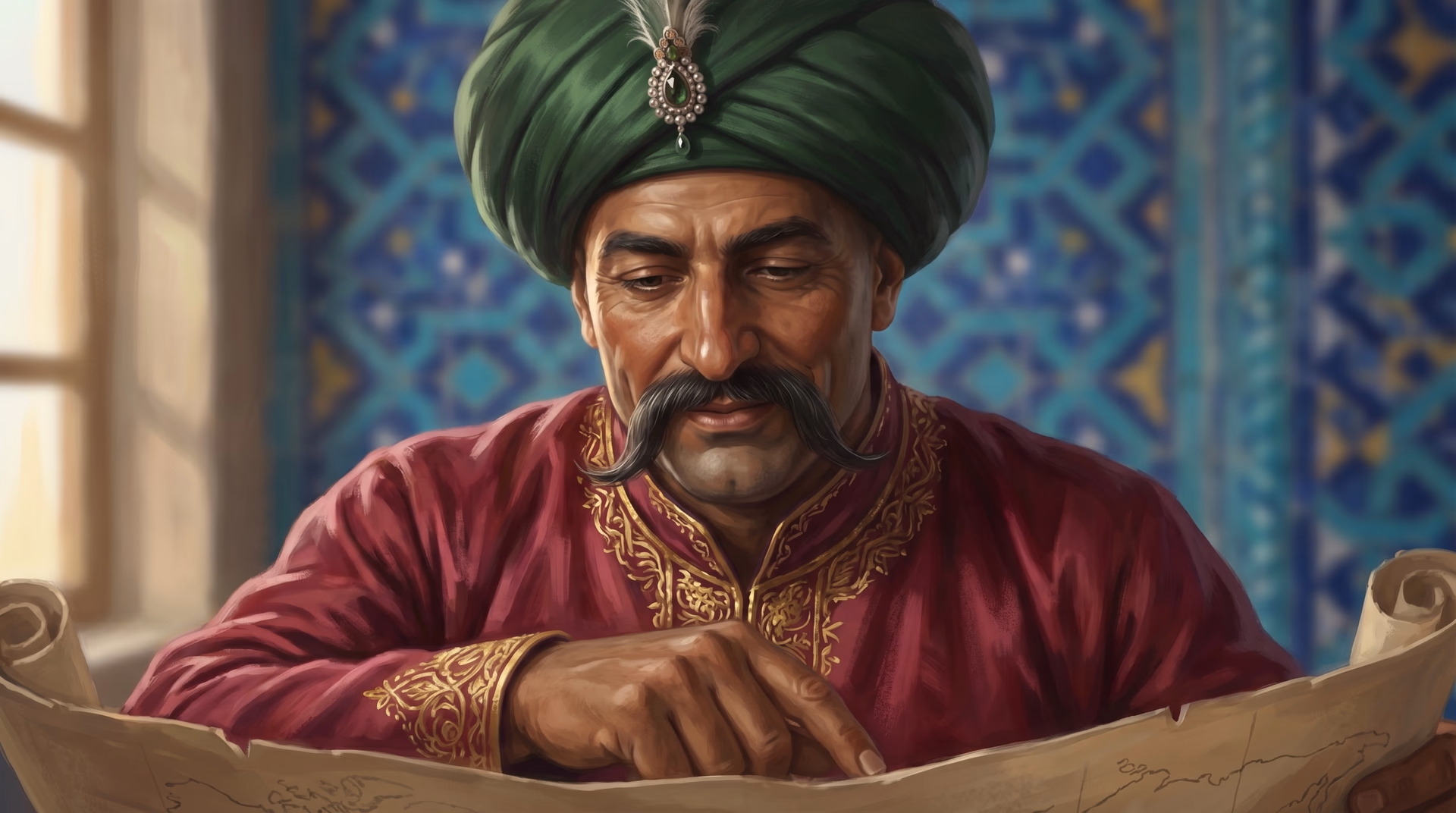 Shah Abbas I of Safavid Persia in a green turban and crimson robe studying a map against a wall of blue Persian tilework