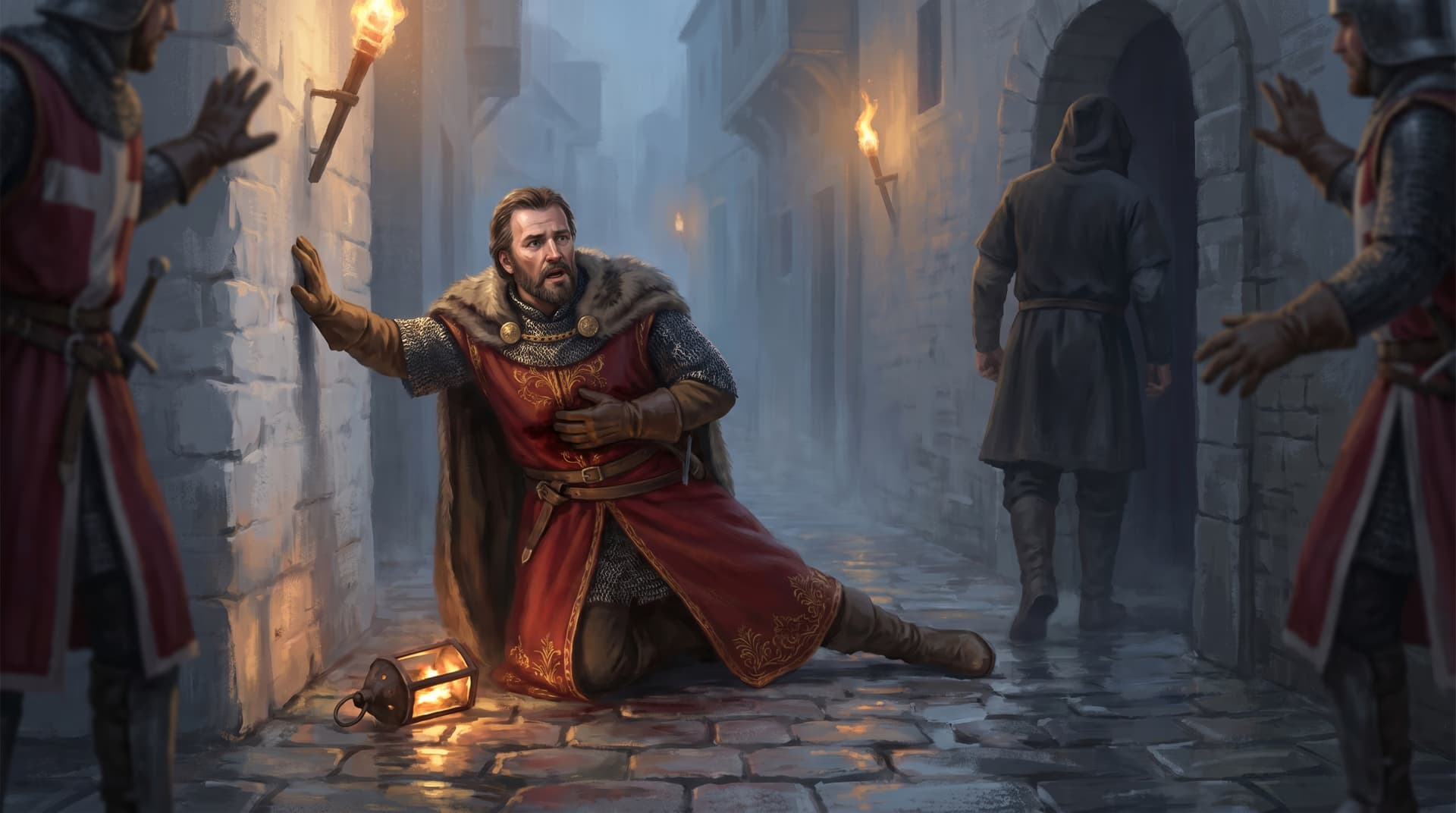 Conrad of Montferrat, the newly elected King of Jerusalem, cut down by an Assassin's blade in a foggy street in Tyre as a hooded figure walks away