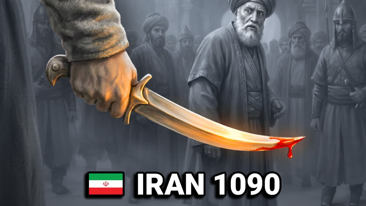 A bloodied golden dagger raised before a Seljuk vizier, marking the birth of the Assassins in Iran in 1090