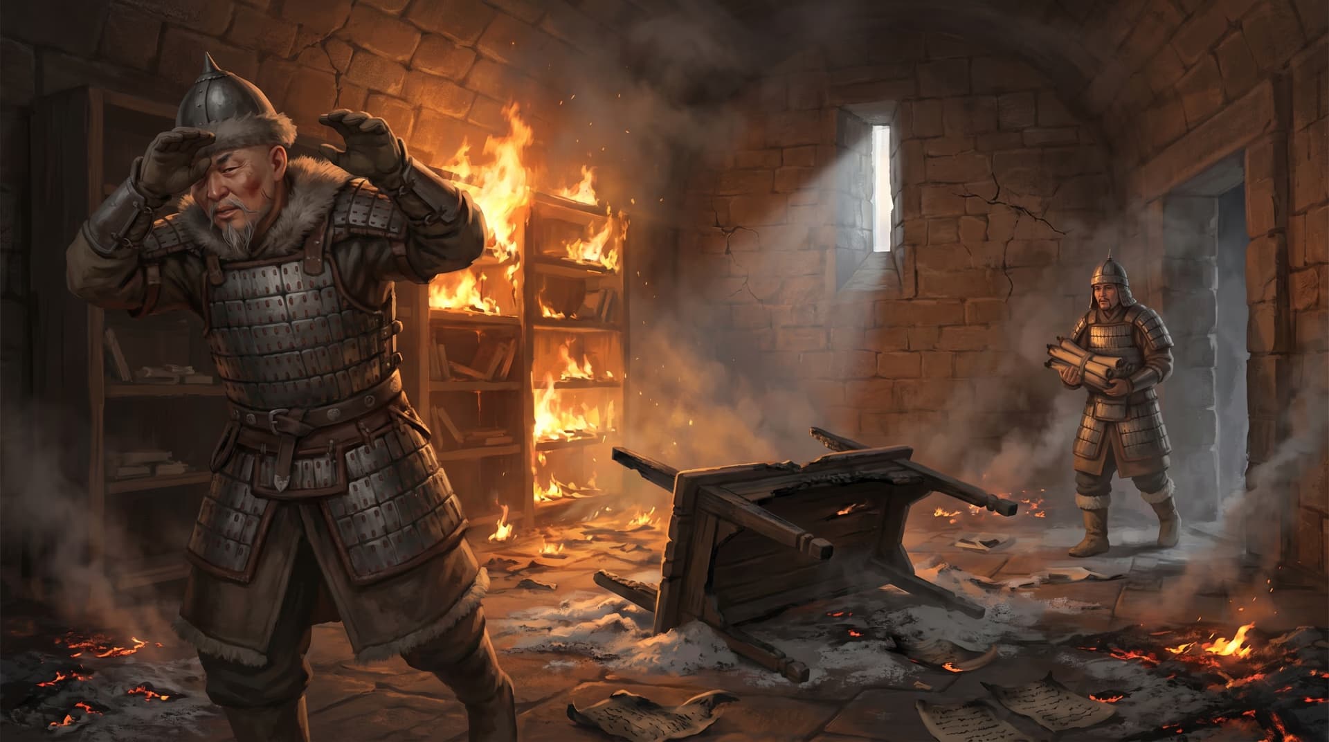 A Mongol soldier shielding his eyes from the flames as the great library of Alamut burns, another carrying away rescued scrolls