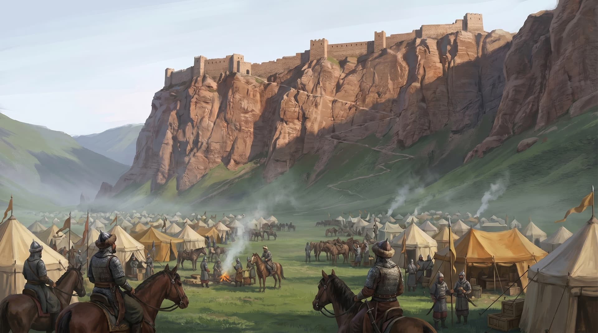 A vast Seljuk army camp of tents and cavalry filling the green valley below the cliff-top fortress of Alamut