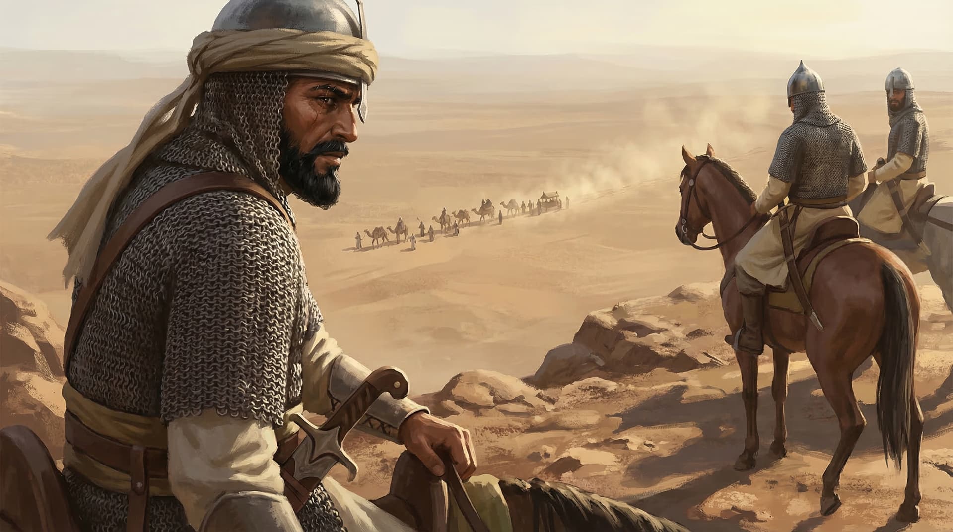 A weary warrior in chainmail on a ridge watching a caravan and cavalry cross the desert plain of Karbala, where Hussein ibn Ali was killed in 680 AD