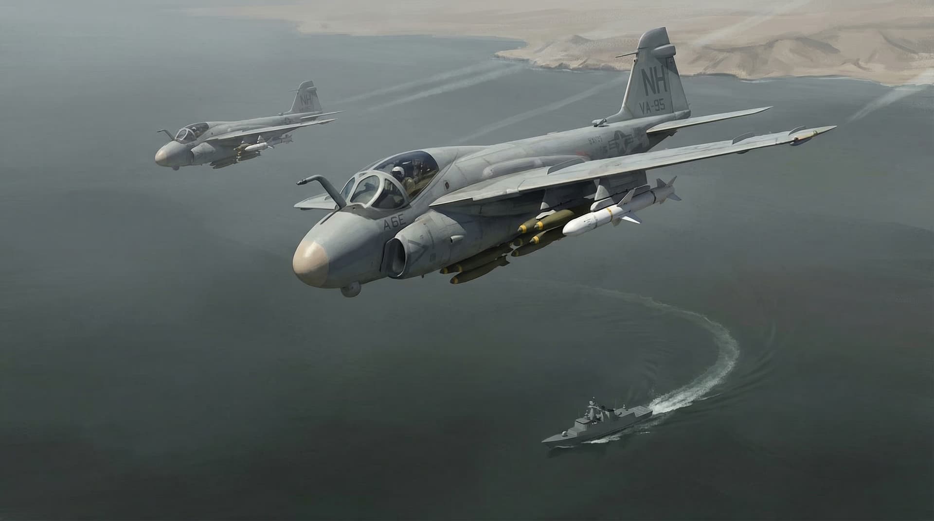 Two US Navy A-6 Intruder attack jets flying over a warship in the Persian Gulf during Operation Praying Mantis in April 1988