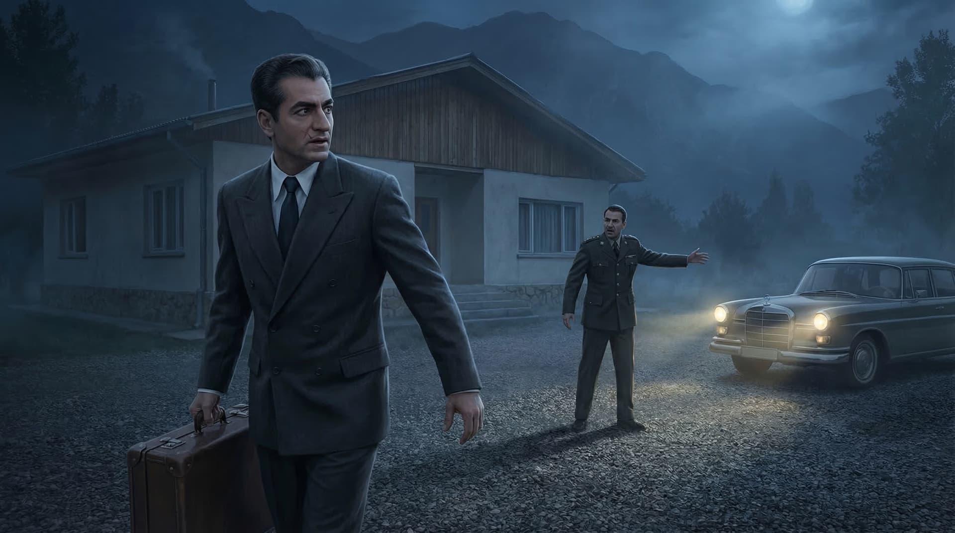 A young Shah of Iran carrying a suitcase away from a mountain villa at night as an officer gestures and a car waits, fleeing during the 1953 CIA coup