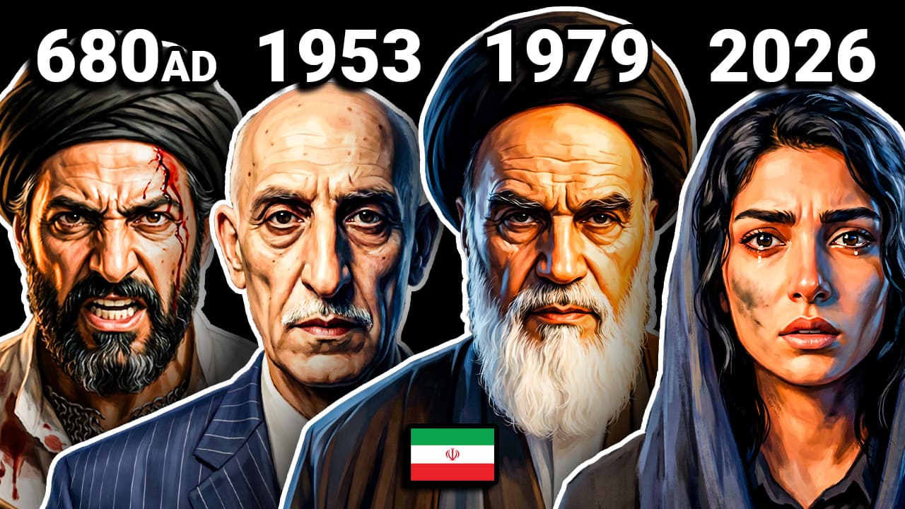 Timeline montage of the US-Iran conflict from 680 AD to 2026 showing a Karbala warrior, Mohammad Mossadegh, Ayatollah Khomeini, and a grieving Iranian woman