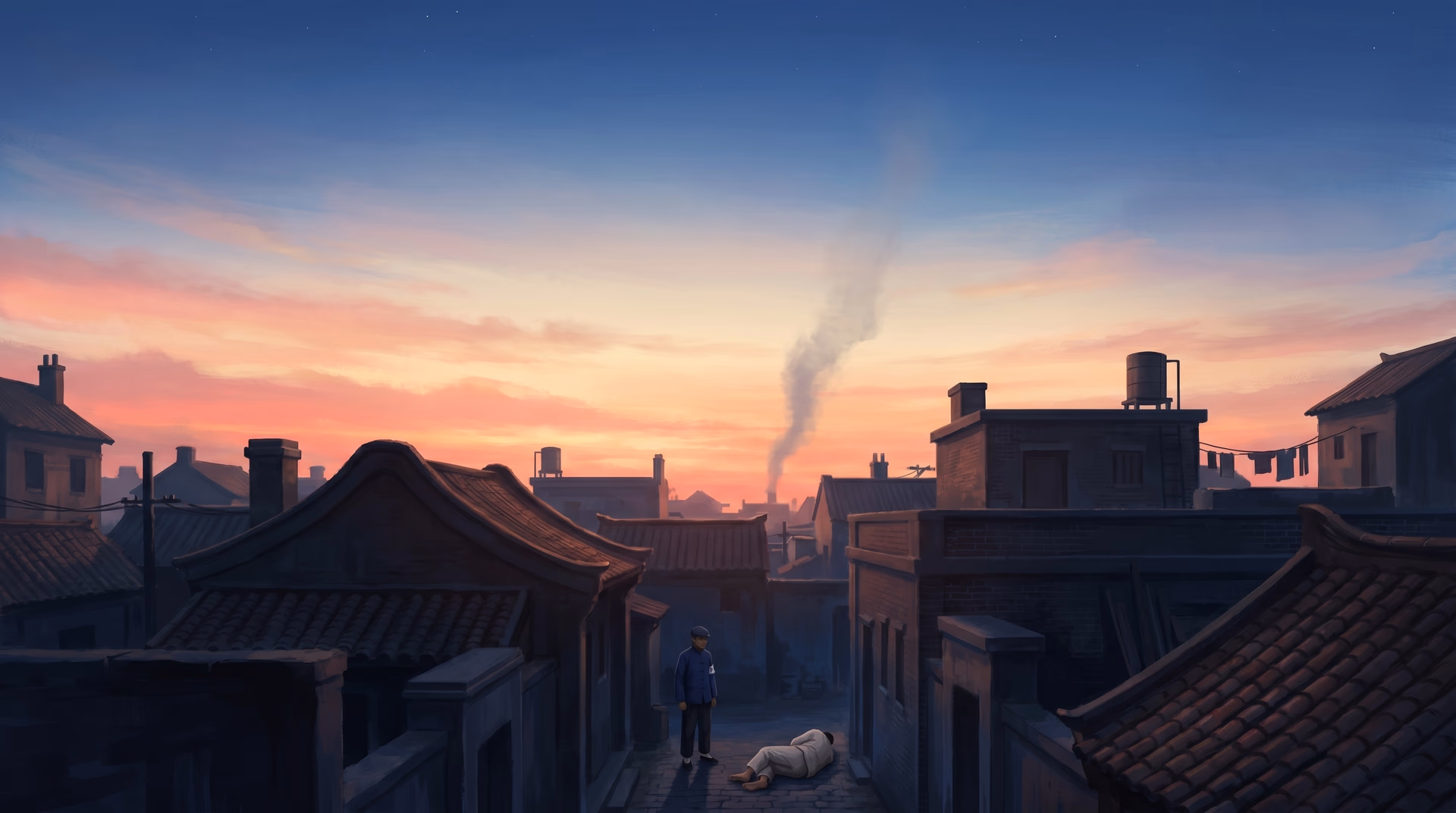 A man standing over a body in a Shanghai alley at dawn during the 1927 Shanghai Massacre