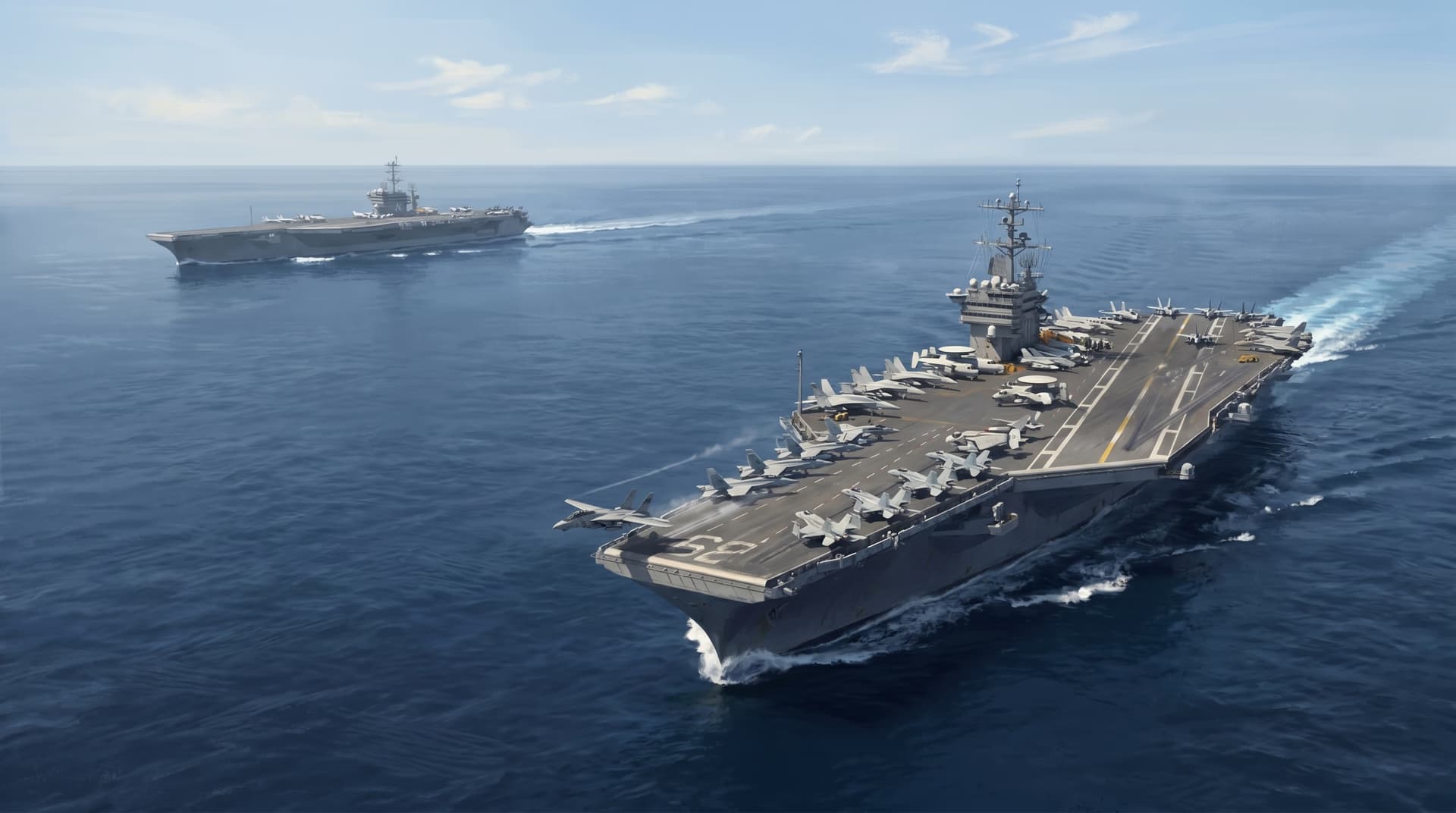 Two United States Navy aircraft carrier battle groups steaming toward Taiwan in 1996