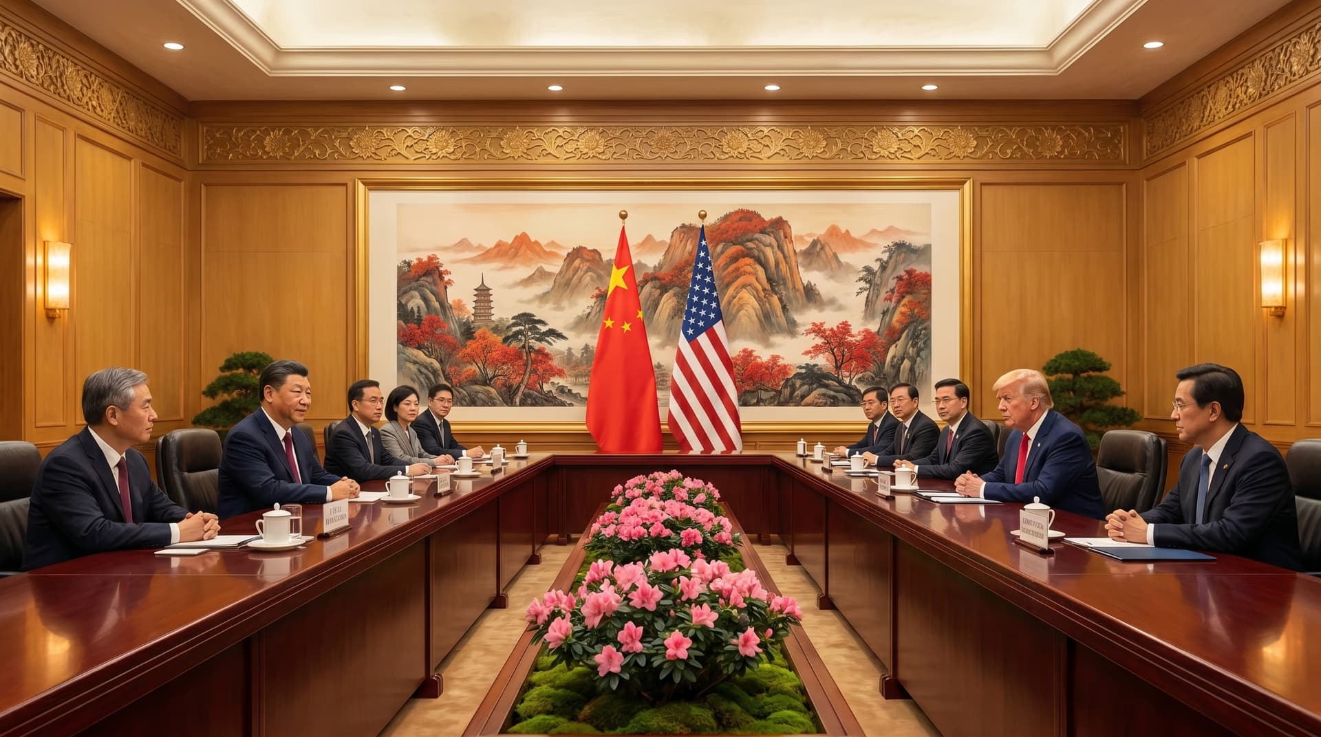 Xi Jinping and the United States President facing each other across a long table under the Chinese and American flags at a 2026 Beijing summit