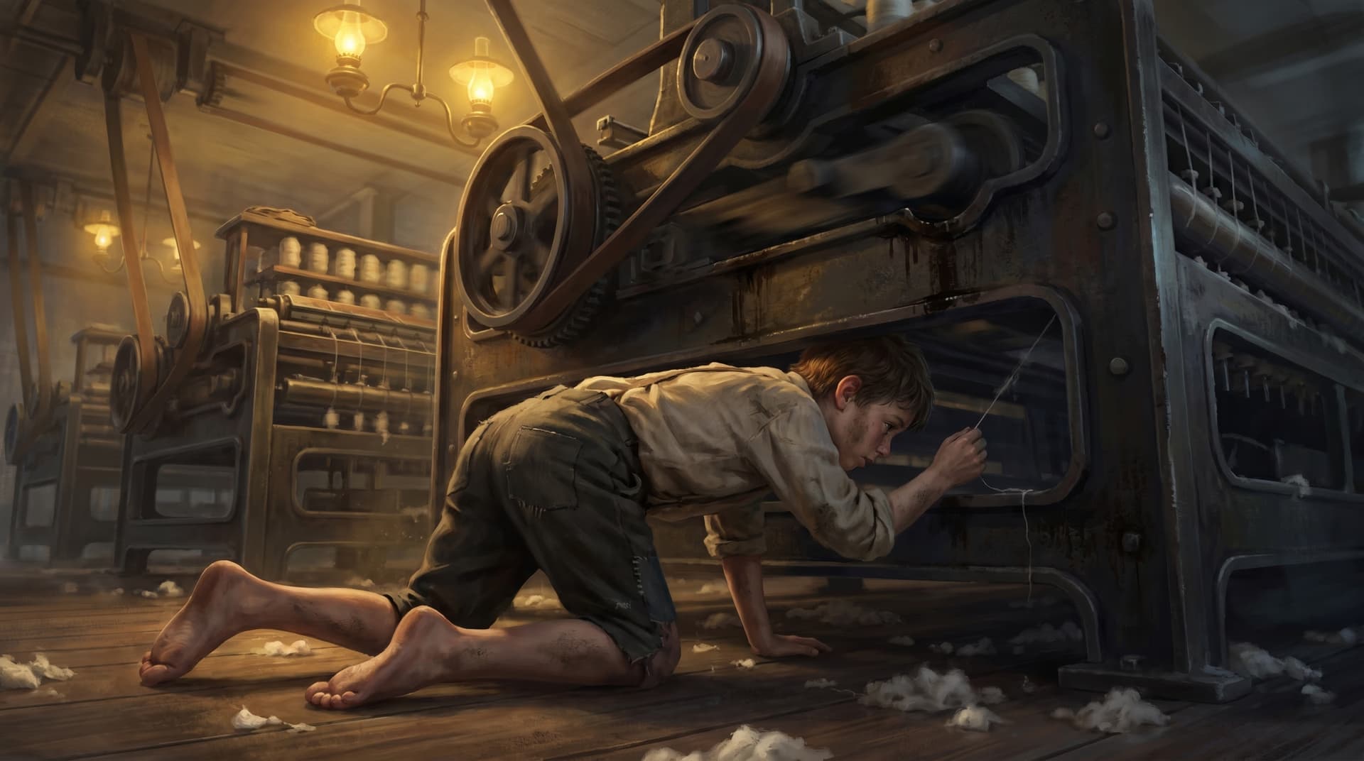 Barefoot child crawling on his belly under a running spinning machine in a Manchester cotton mill