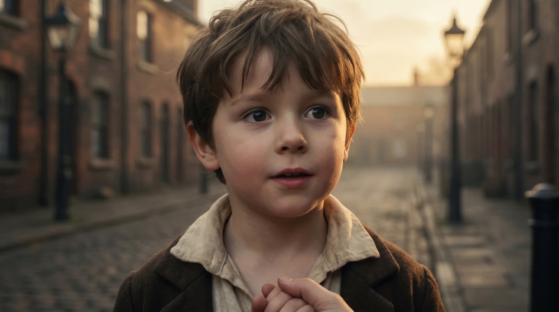 Young boy on a Manchester cobblestone street at dawn after the Factory Act of 1833